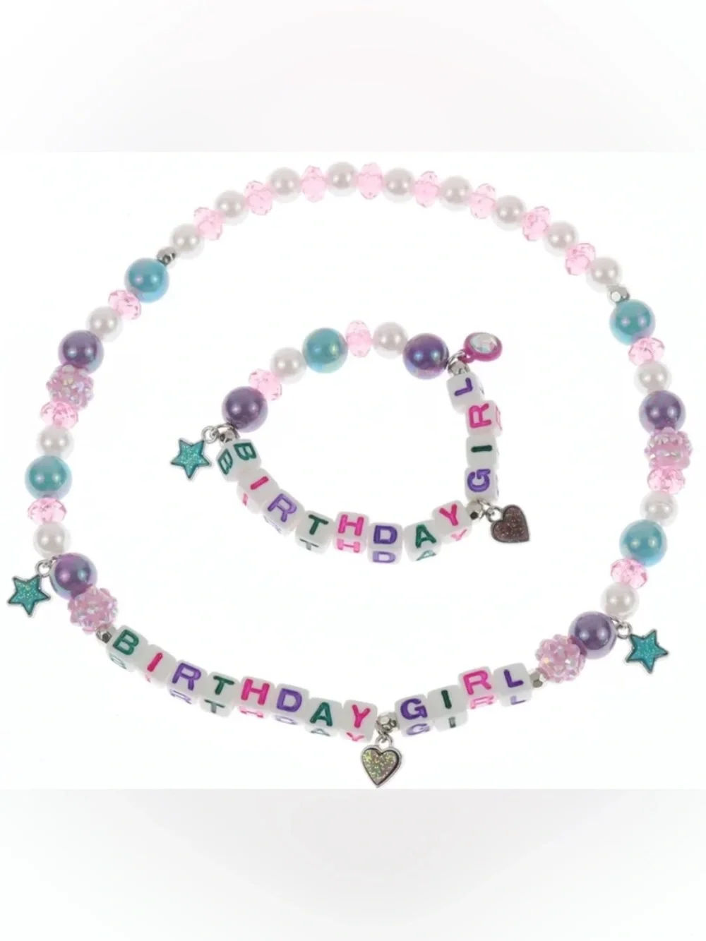 NWT Birthday Girl Beaded Necklace & Bracelet Set - Pink Purple Teal Girl Jewelry